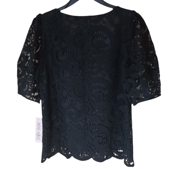 Nanette Lepore Women's Nanny Core Paisley Lace Blouse Puff Sleeves Black Sm NWT - Picture 2 of 9